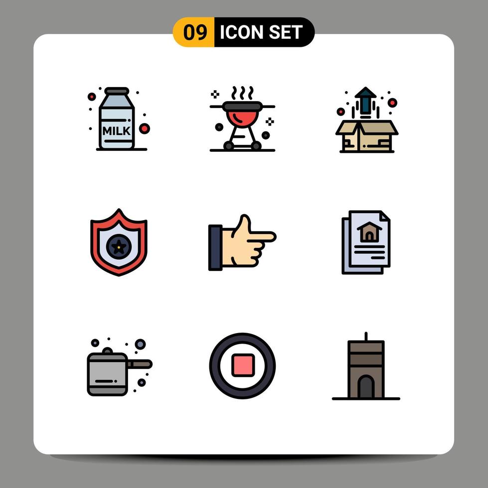 Pack of 9 creative Filledline Flat Colors of thumbs up shield box sheriff product growth Editable Vector Design Elements