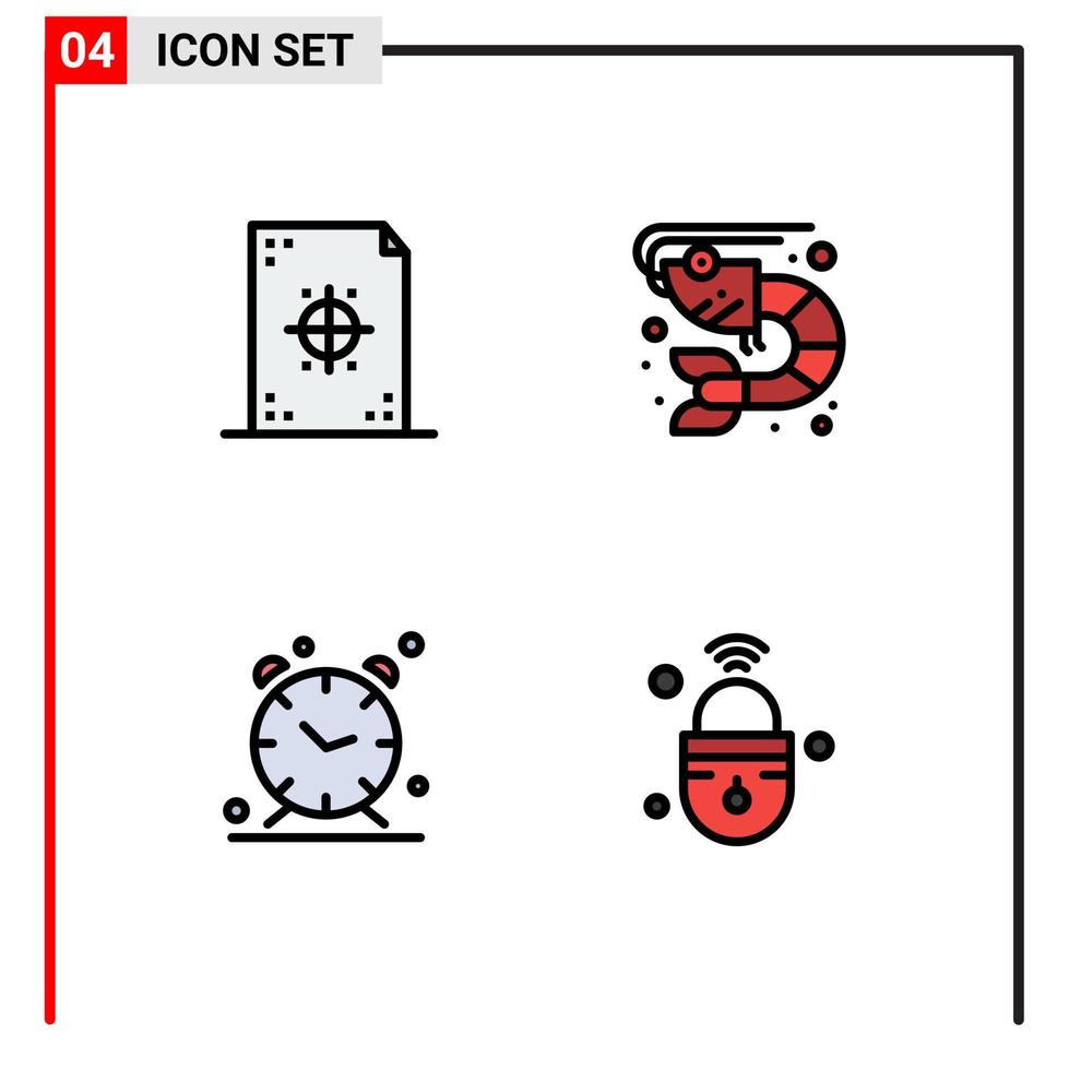 grupo universal de símbolos de icono de 4 colores planos de línea de llenado modernos de codificación de elementos de diseño de vector editables de tiempo de comida de papel de alarma