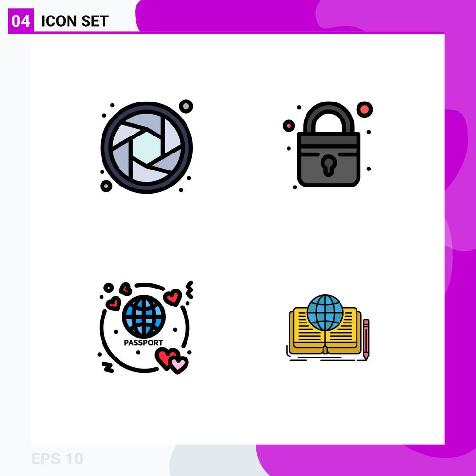 Modern Set of 4 Filledline Flat Colors Pictograph of camera travel closed honeymoon novel Editable Vector Design Elements