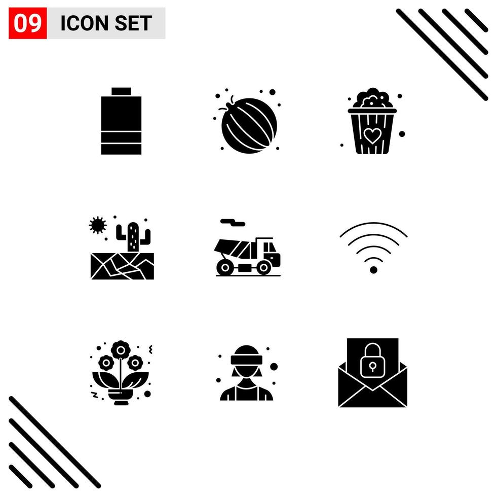 Mobile Interface Solid Glyph Set of 9 Pictograms of wifi connection snacks love transport bike Editable Vector Design Elements