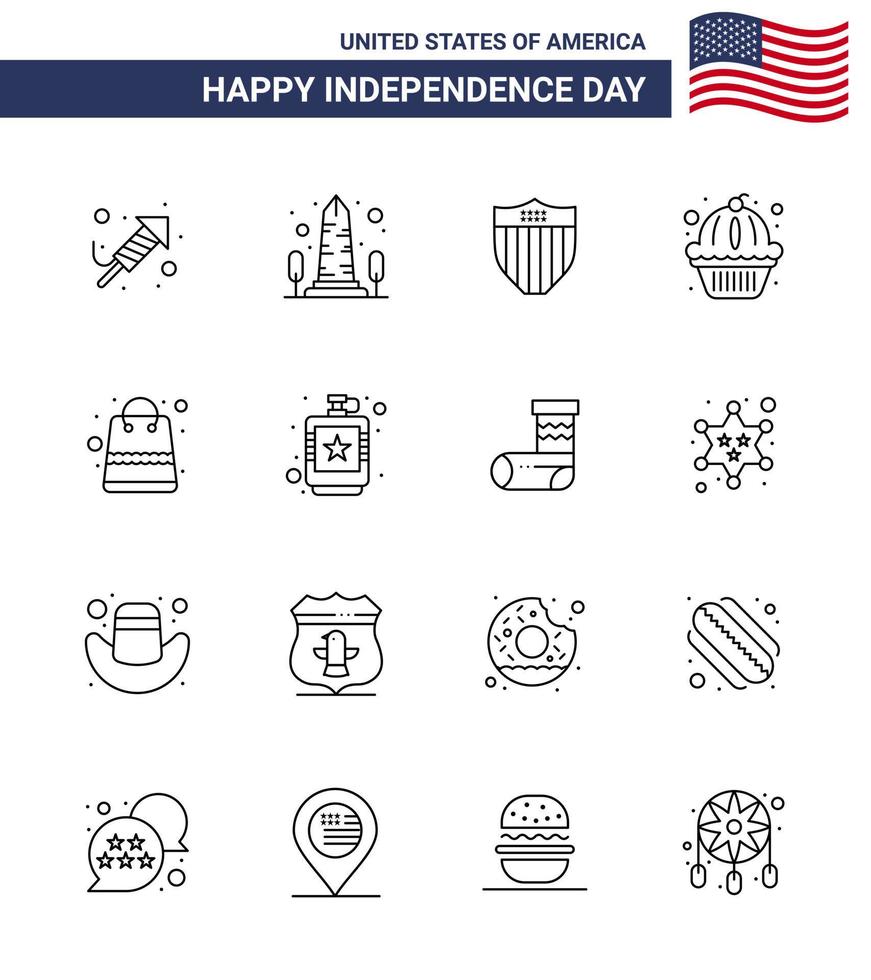 16 Line Signs for USA Independence Day bag states washington muffin usa Editable USA Day Vector Design Elements