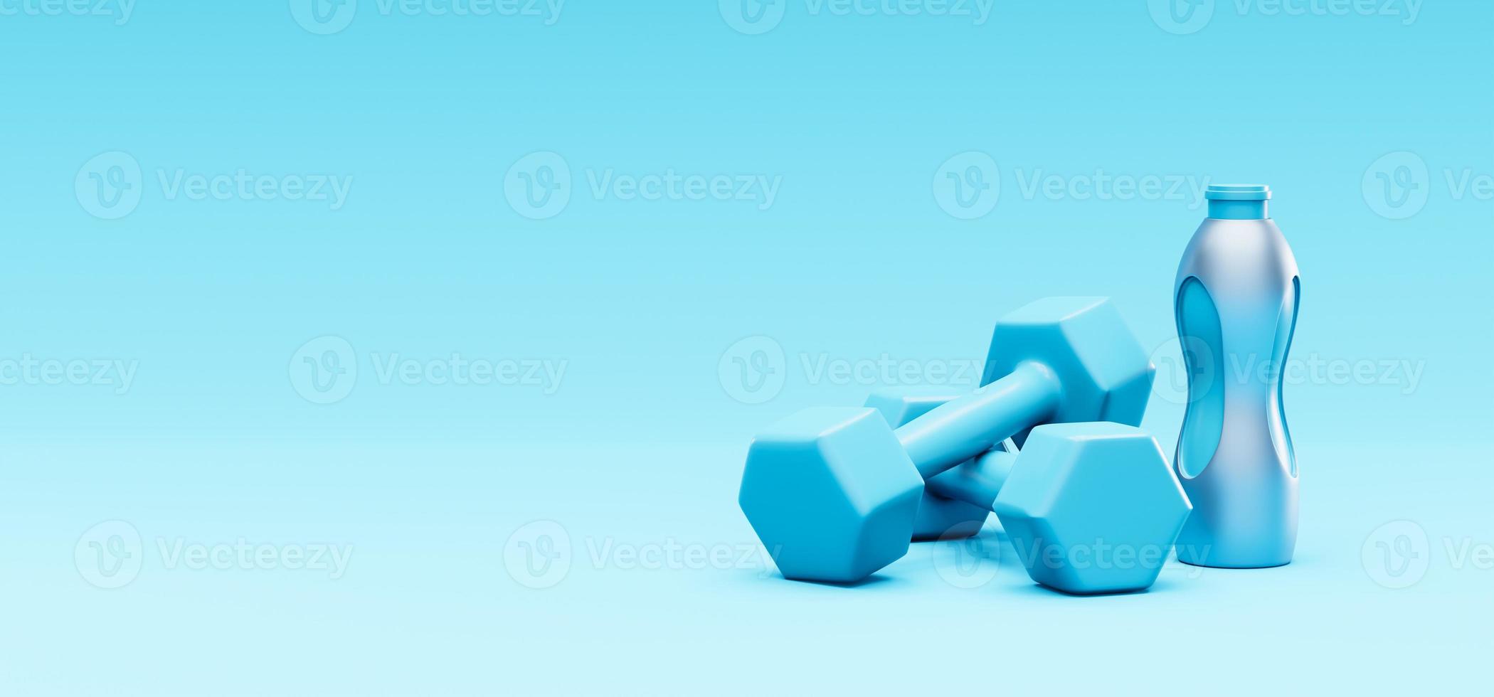 Dumbells and bottle on a blue background 3d render photo