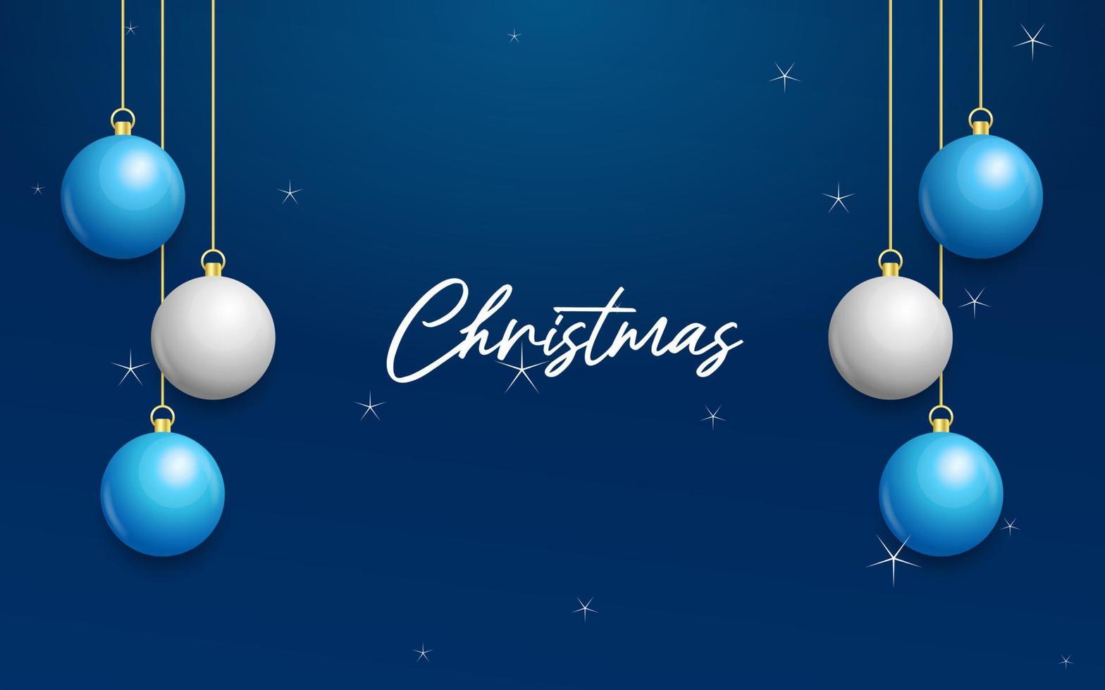 fondo azul navideño con bolas colgantes blancas y plateadas brillantes. feliz navidad tarjeta de felicitacion vector