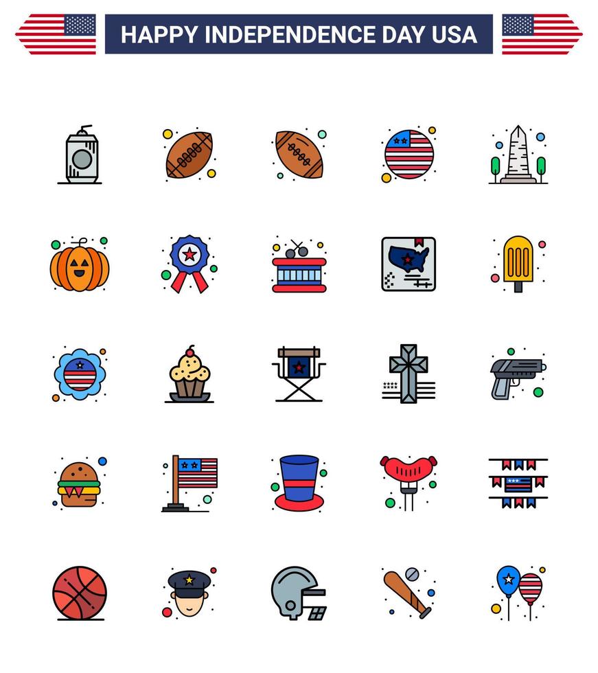 feliz día de la independencia usa paquete de 25 líneas planas creativas llenas de calabaza washington country usa monumento editable usa day elementos de diseño vectorial vector