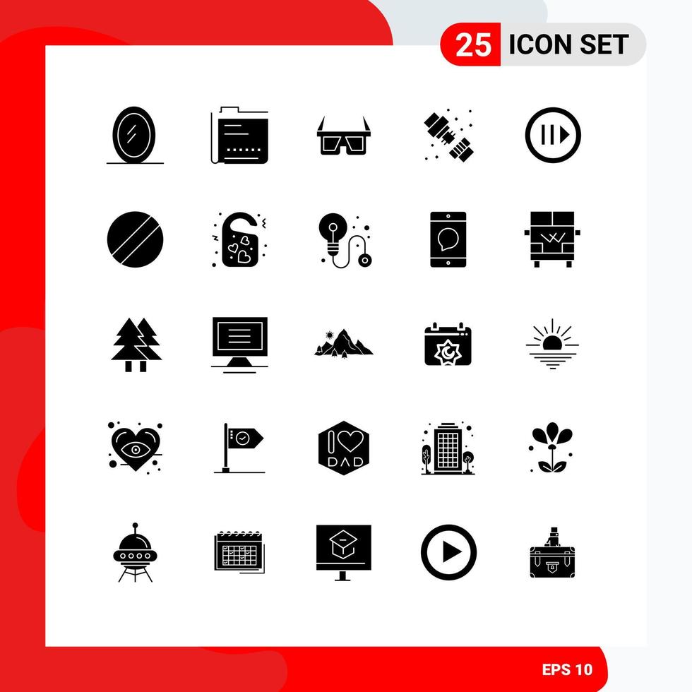 Group of 25 Modern Solid Glyphs Set for player media eyewear plumbing mechanical Editable Vector Design Elements