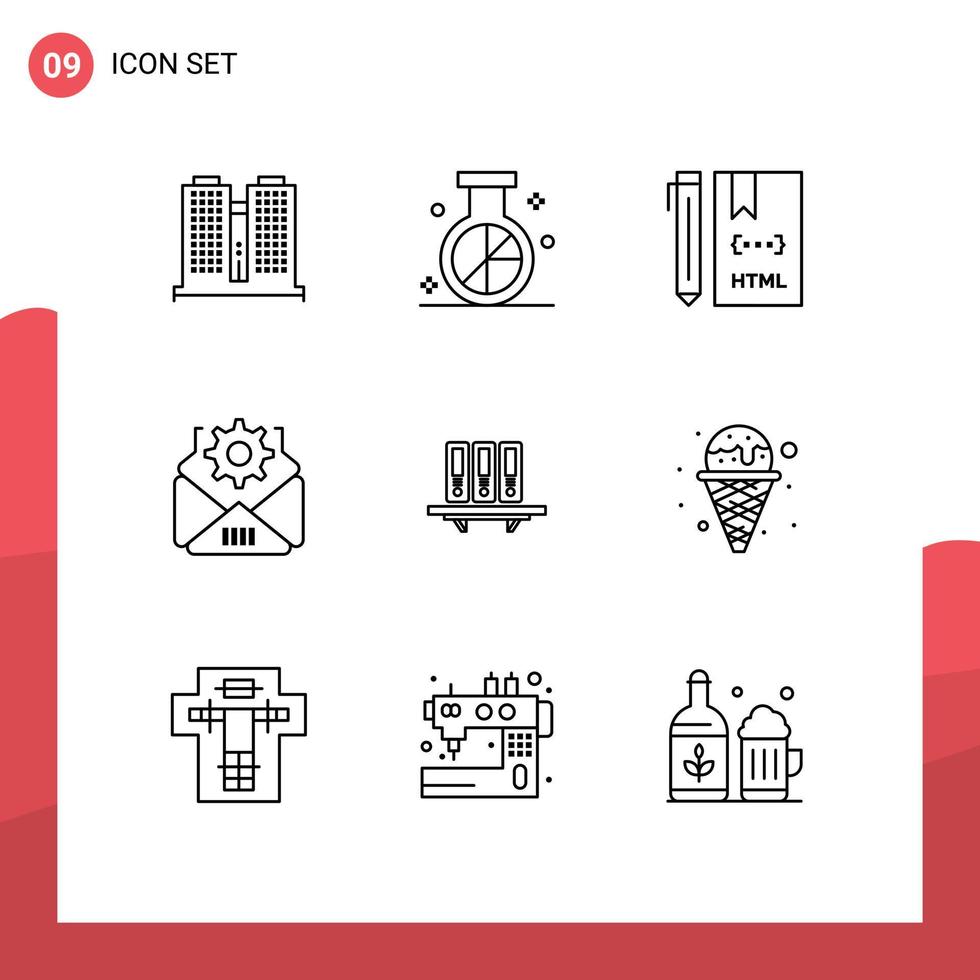 Universal Icon Symbols Group of 9 Modern Outlines of files setting research mail development Editable Vector Design Elements