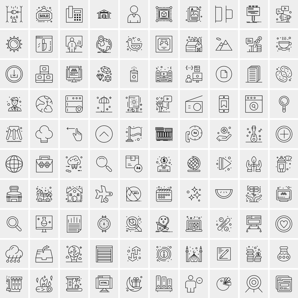 100 Universal Black Line Icons on White Background vector