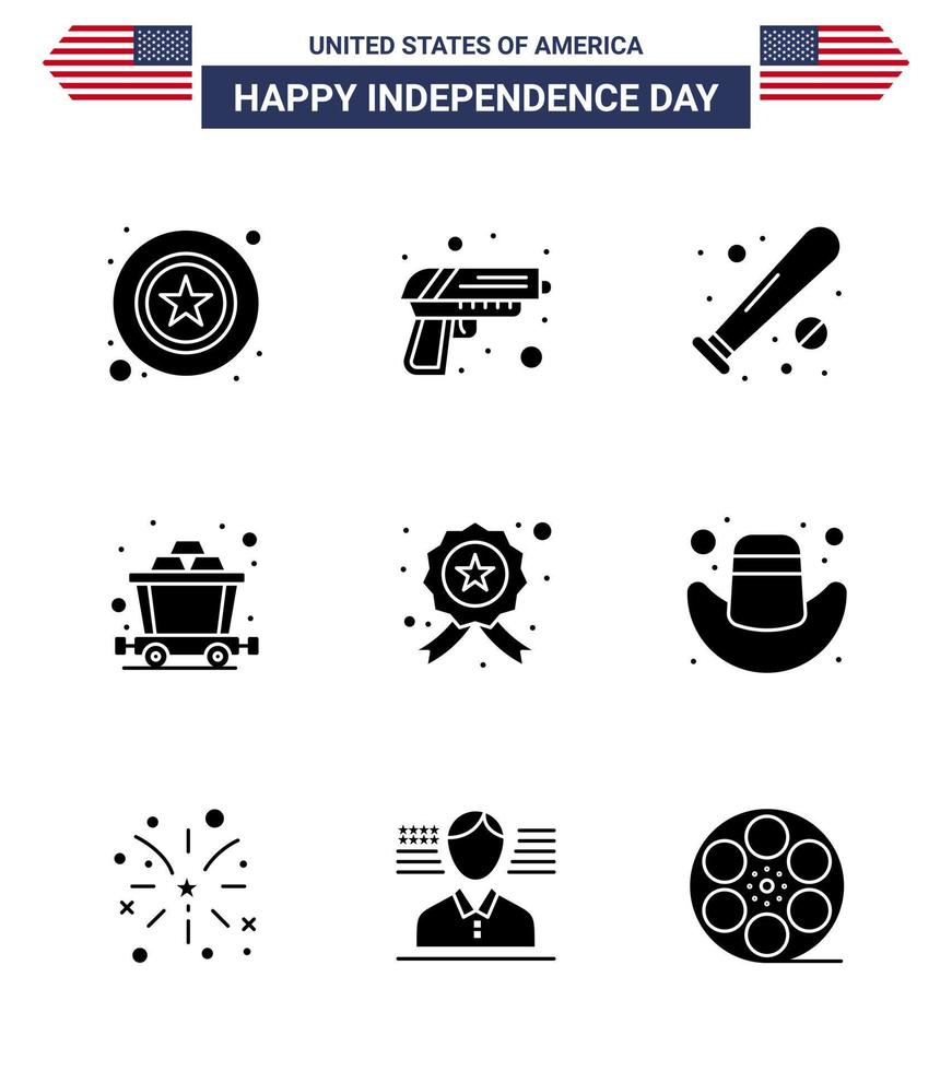 Happy Independence Day USA Pack of 9 Creative Solid Glyphs of investigating rail ball mine usa Editable USA Day Vector Design Elements