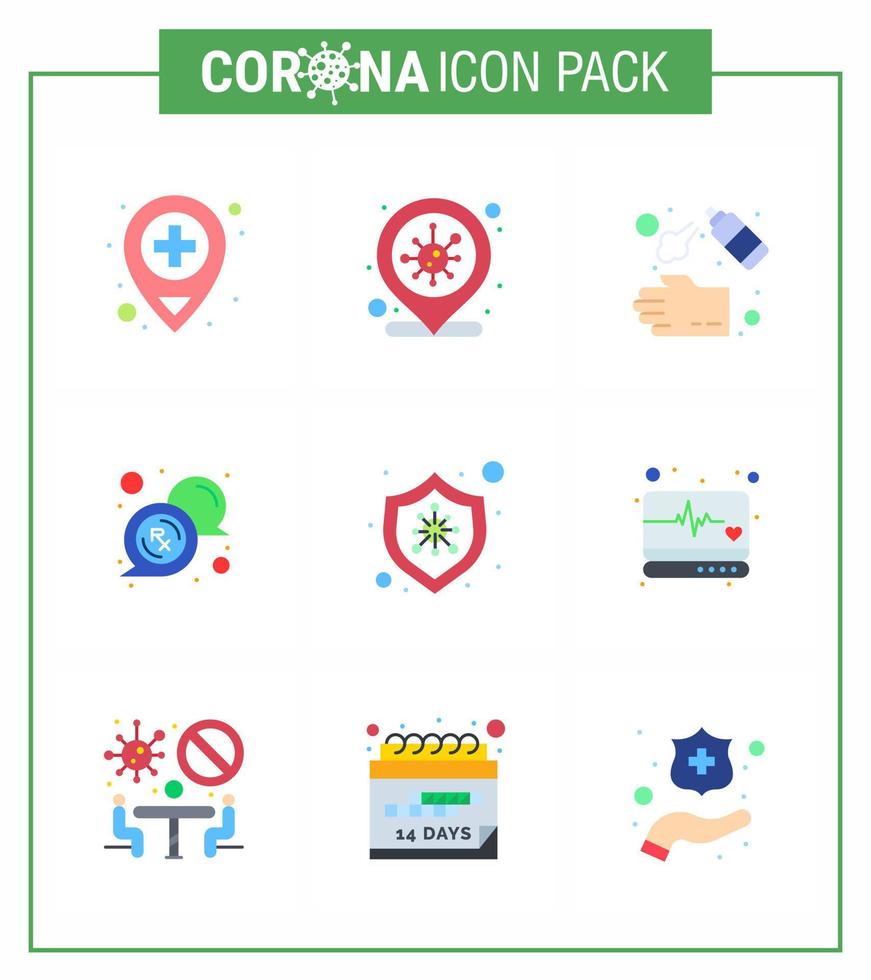 Corona virus disease 9 Flat Color icon pack suck as protection rx cleaning message bubble viral coronavirus 2019nov disease Vector Design Elements