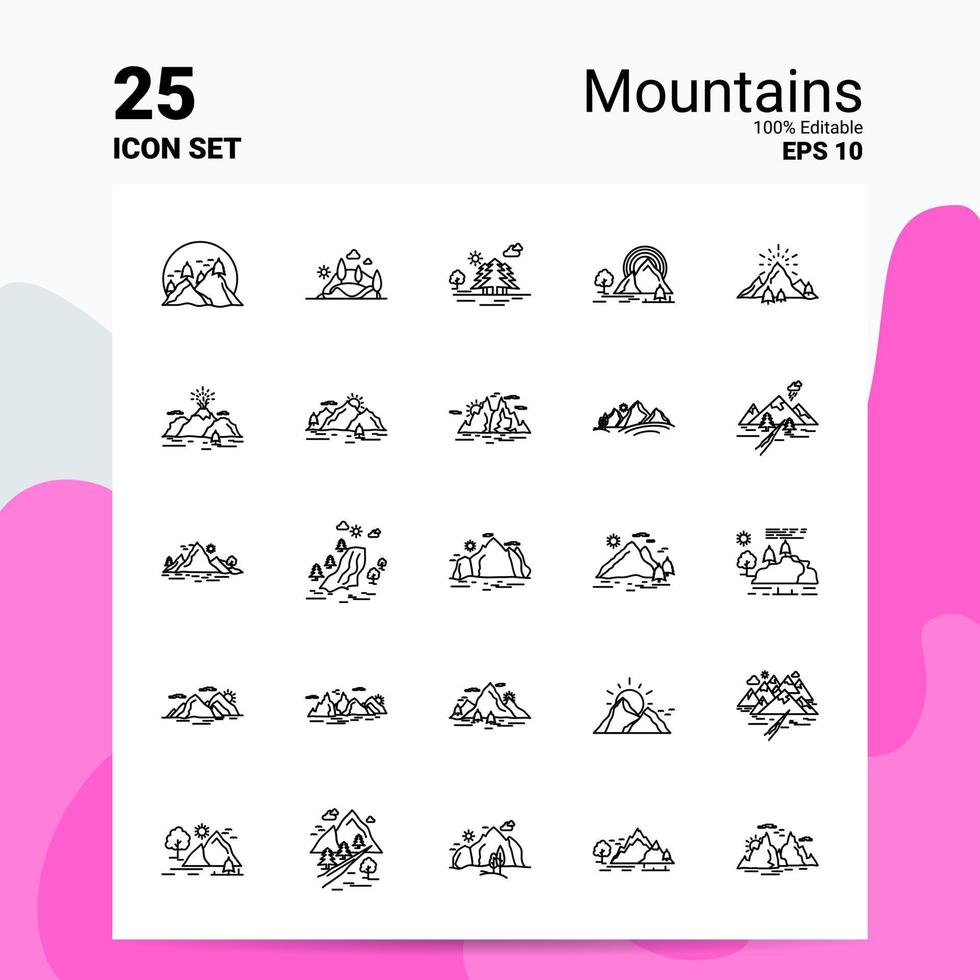 25 conjunto de iconos de montañas 100 archivos eps 10 editables concepto de logotipo de empresa ideas diseño de icono de línea vector
