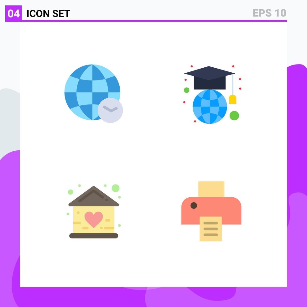 Pack of 4 Modern Flat Icons Signs and Symbols for Web Print Media such as globe doll time globe house Editable Vector Design Elements