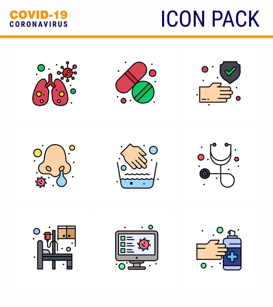 9 Filled Line Flat Color viral Virus corona icon pack such as medical hands hand nose infection disease viral coronavirus 2019nov disease Vector Design Elements