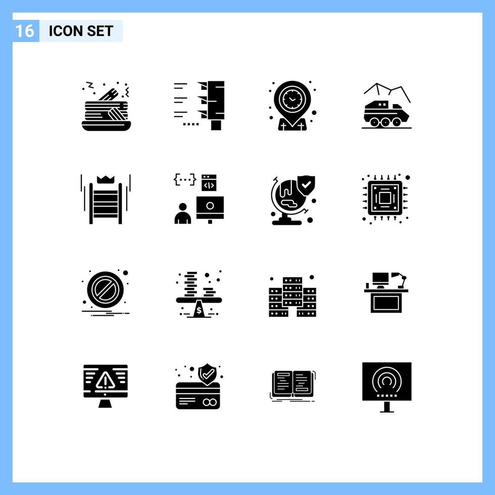 16 User Interface Solid Glyph Pack of modern Signs and Symbols of crown ladder targeting transport rover Editable Vector Design Elements