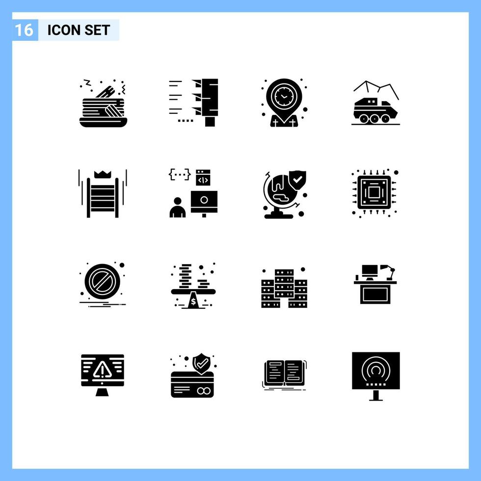 Interfaz de usuario de 16 paquetes de glifos sólidos de signos y símbolos modernos de la escalera de la corona que apuntan a los elementos de diseño de vectores editables del rover de transporte