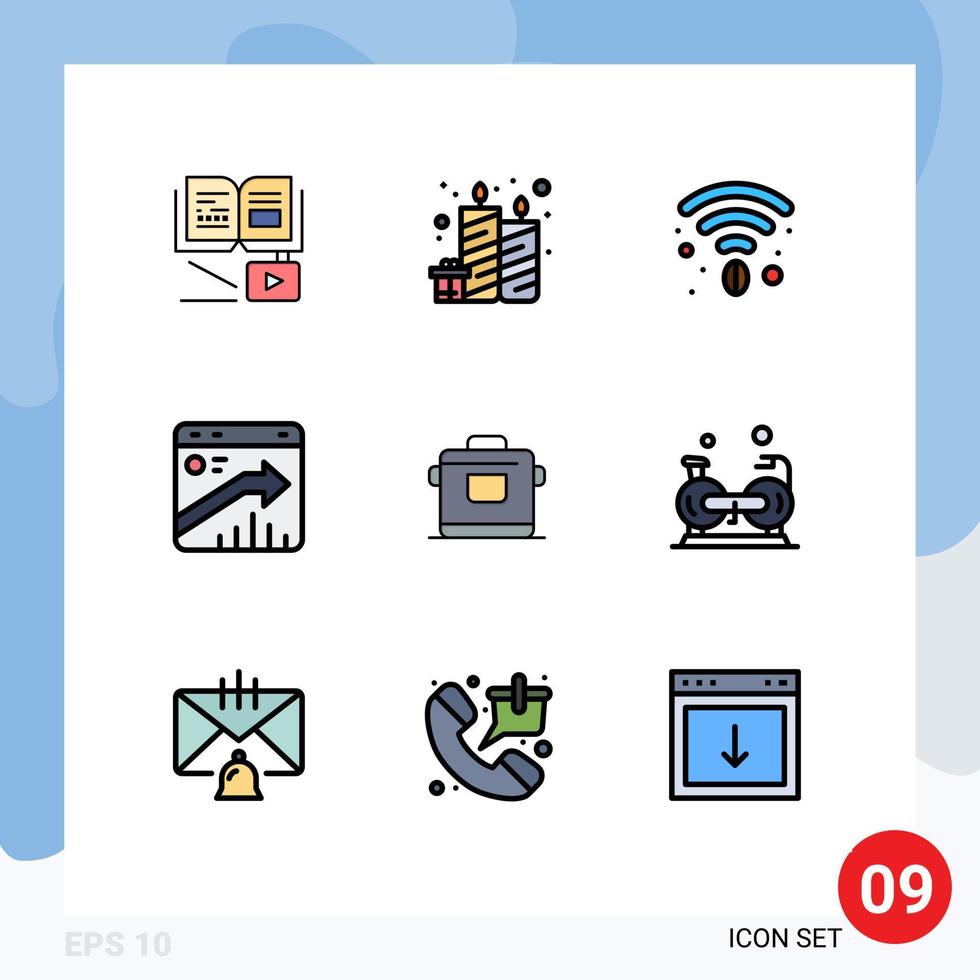 User Interface Pack of 9 Basic Filledline Flat Colors of kitchen seo cafe report browser Editable Vector Design Elements