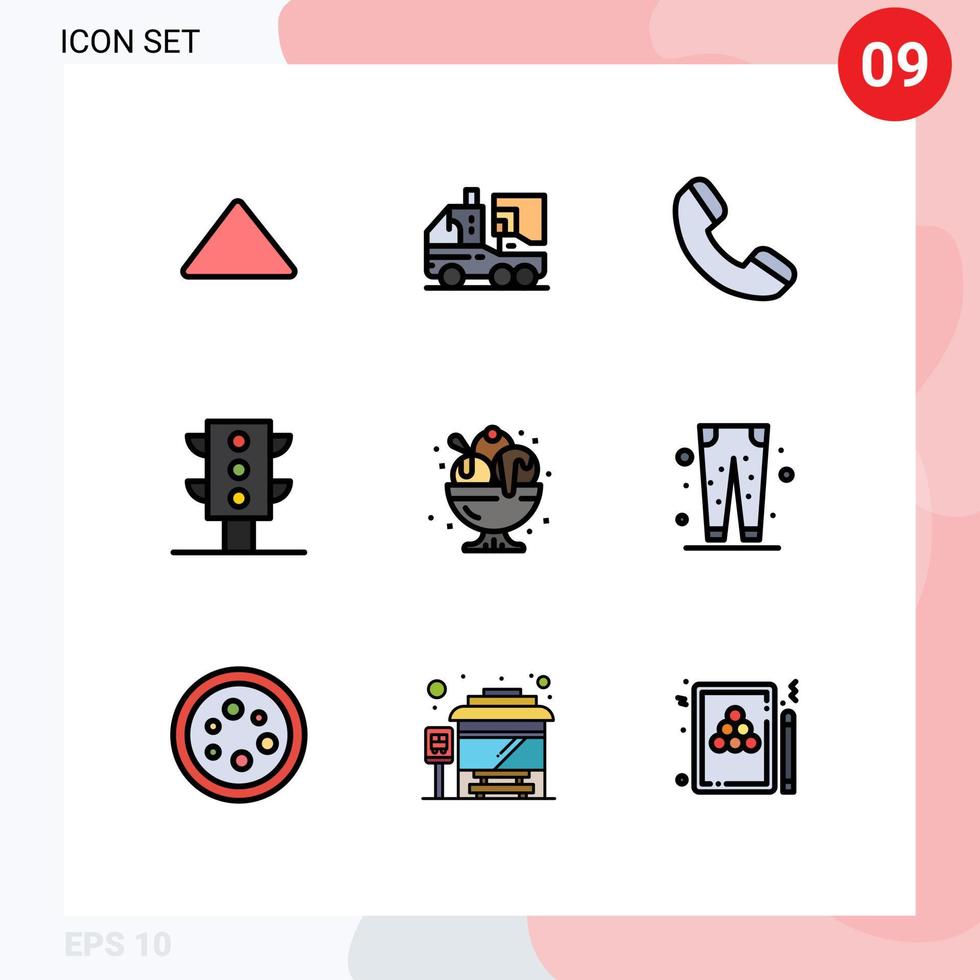 Pack of 9 Modern Filledline Flat Colors Signs and Symbols for Web Print Media such as ice cream birthday life transport lights Editable Vector Design Elements