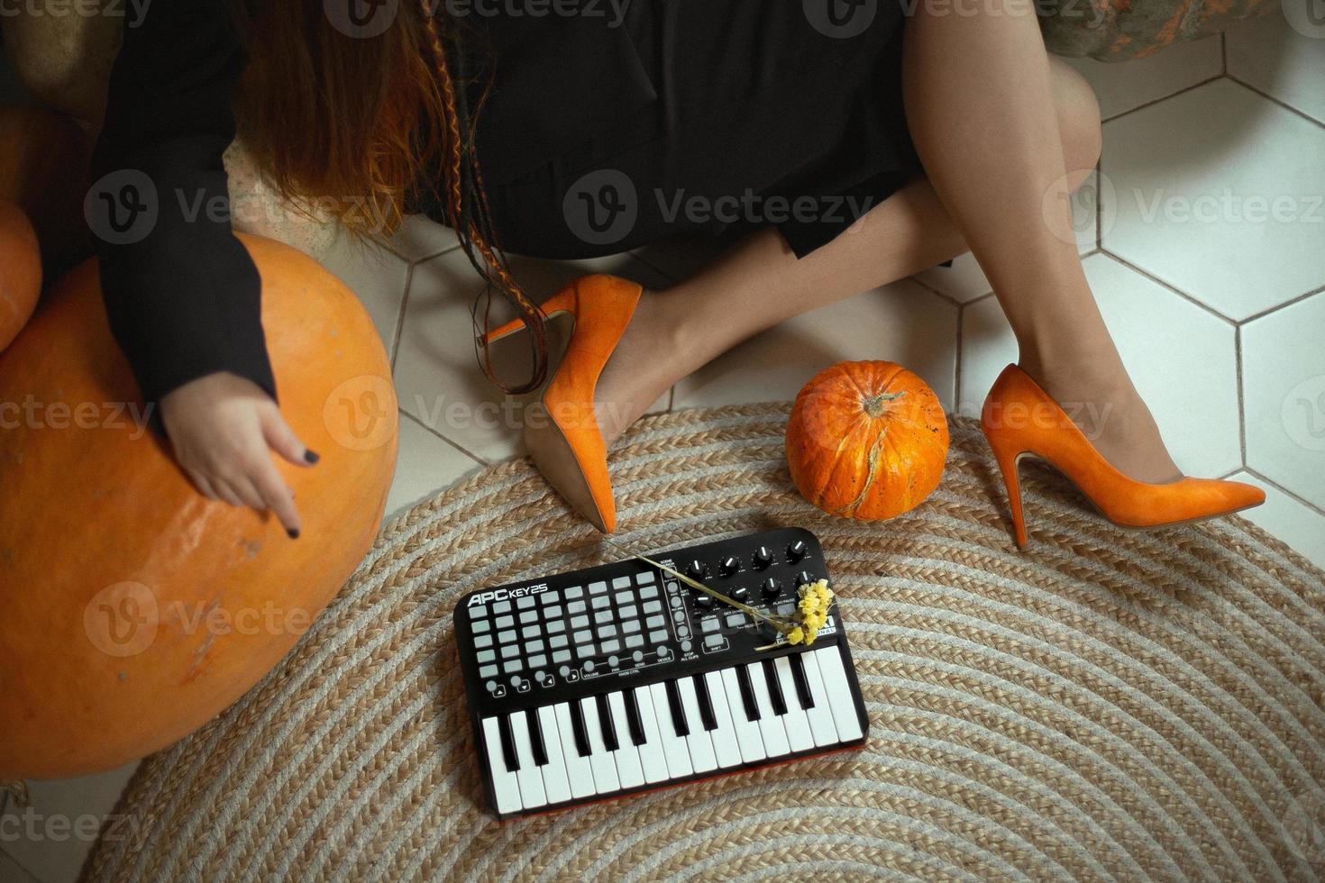 Close up lady in orange shoes concept photo