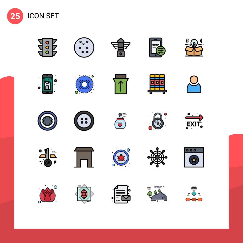 Set of 25 Vector Filled line Flat Colors on Grid for solution bulb night package security Editable Vector Design Elements