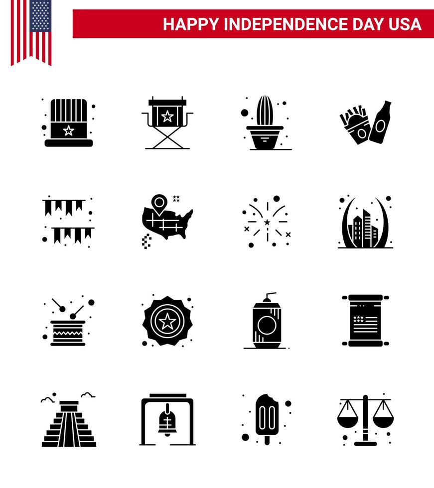 Pack of 16 USA Independence Day Celebration Solid Glyphs Signs and 4th July Symbols such as garland american television frise pot Editable USA Day Vector Design Elements