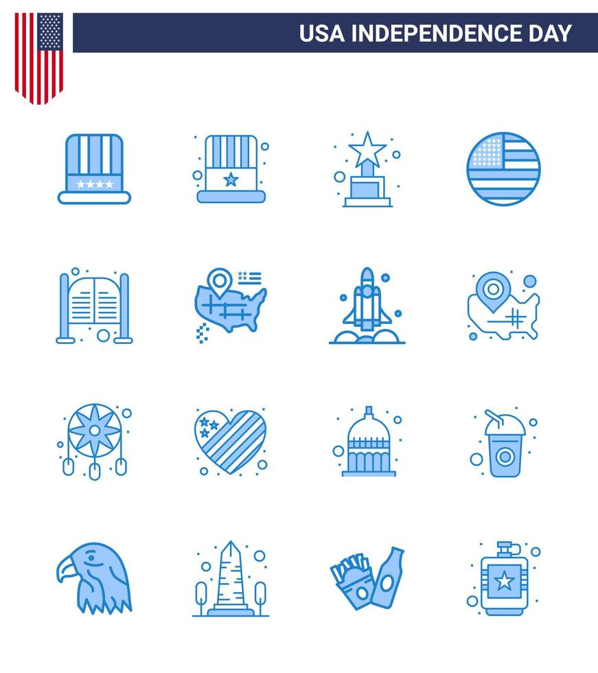 conjunto moderno de 16 azules y símbolos en el día de la independencia de estados unidos, como el logro de la barra de salón, bandera de estados unidos, elementos de diseño vectorial editables del día de estados unidos vector