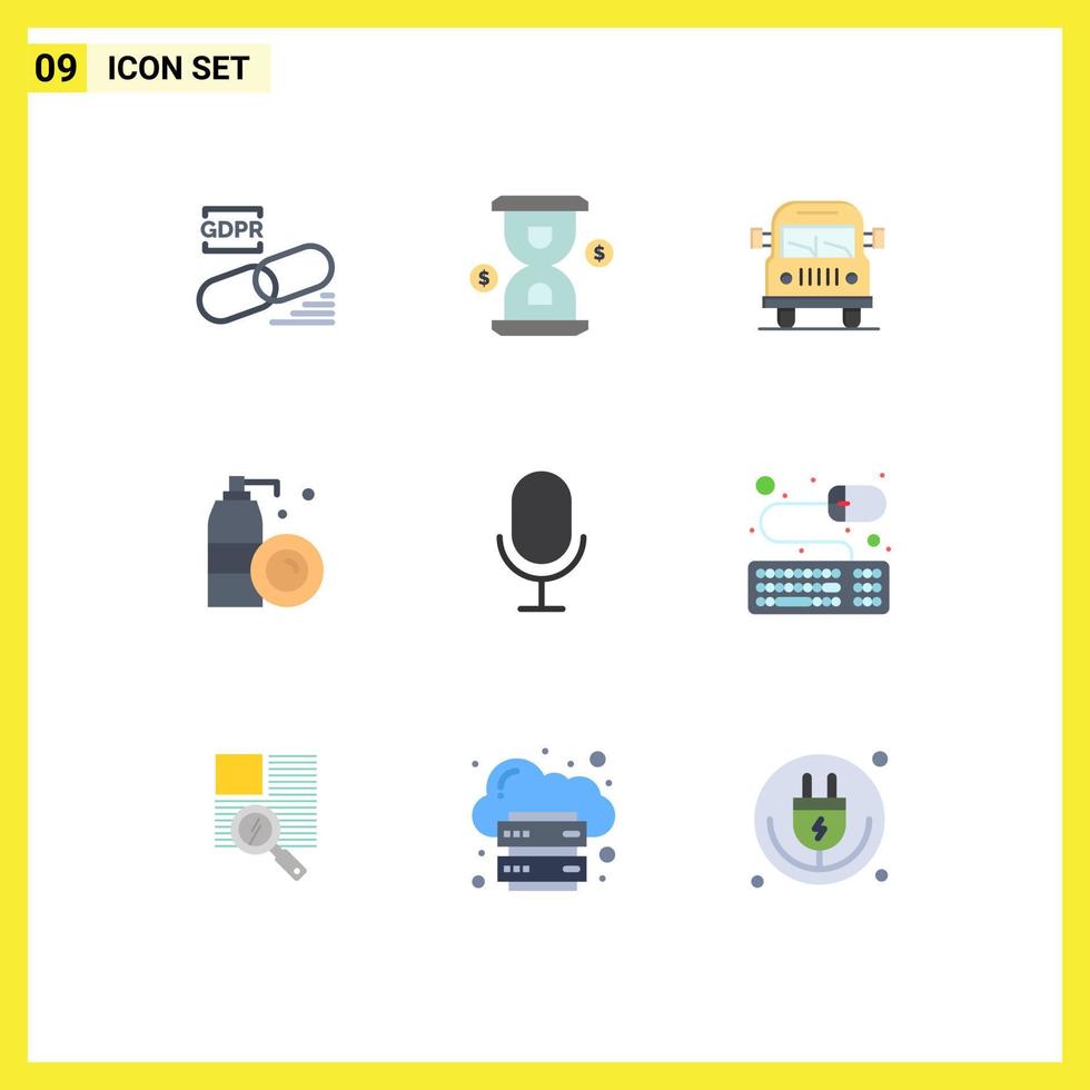 9 Universal Flat Color Signs Symbols of mic cleaning investment bottle education Editable Vector Design Elements