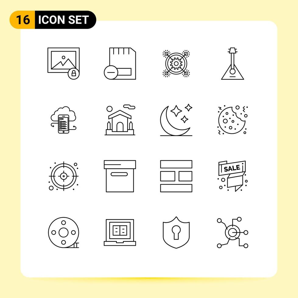 Modern Set of 16 Outlines and symbols such as sound instrument marketing balalaika gear Editable Vector Design Elements