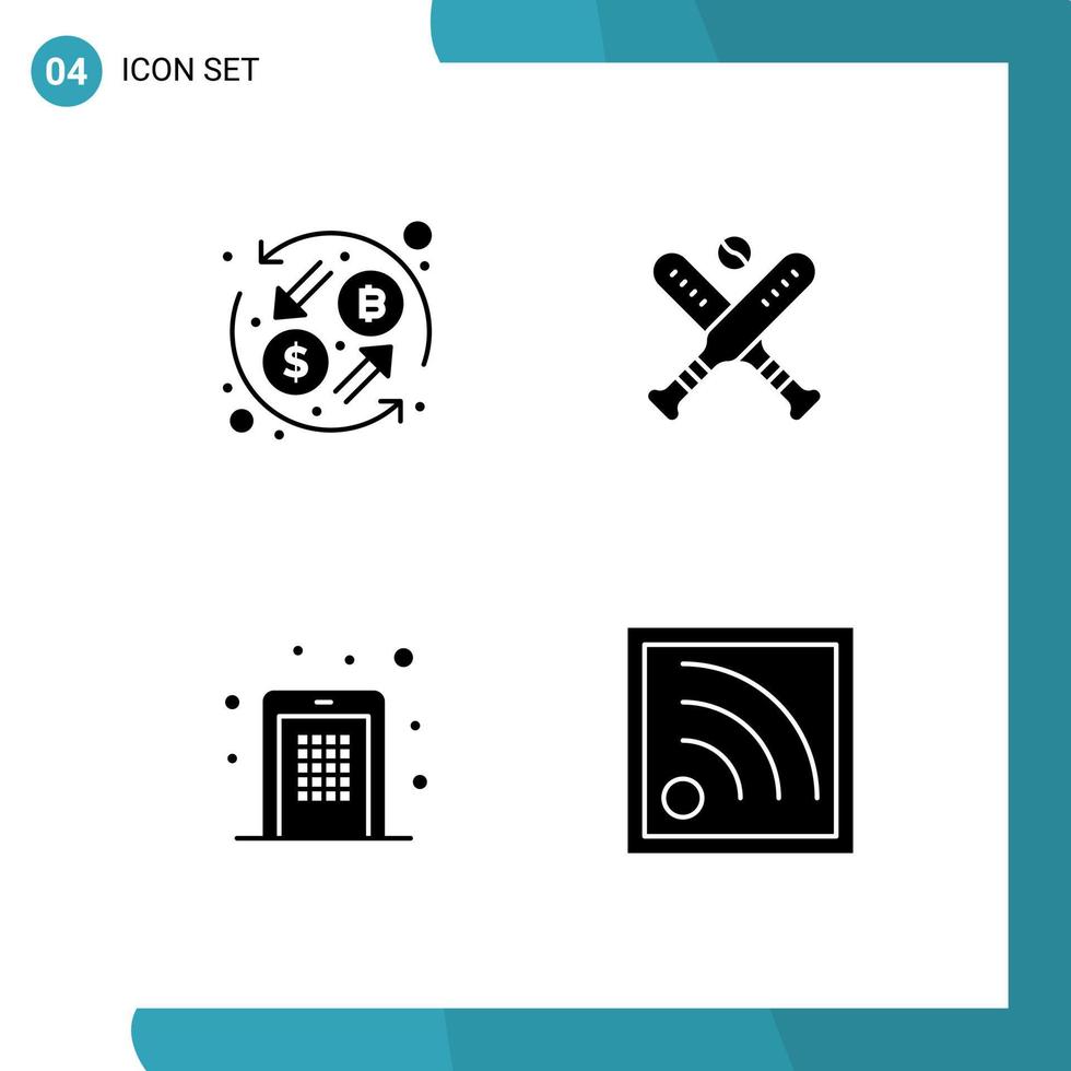 Editable Vector Line Pack of 4 Simple Solid Glyphs of currency code transformation bat pin Editable Vector Design Elements