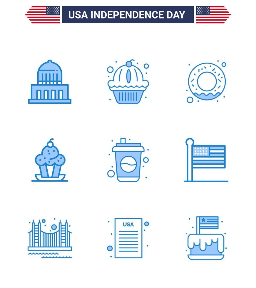Modern Set of 9 Blues and symbols on USA Independence Day such as cola thanksgiving donut sweet dessert Editable USA Day Vector Design Elements