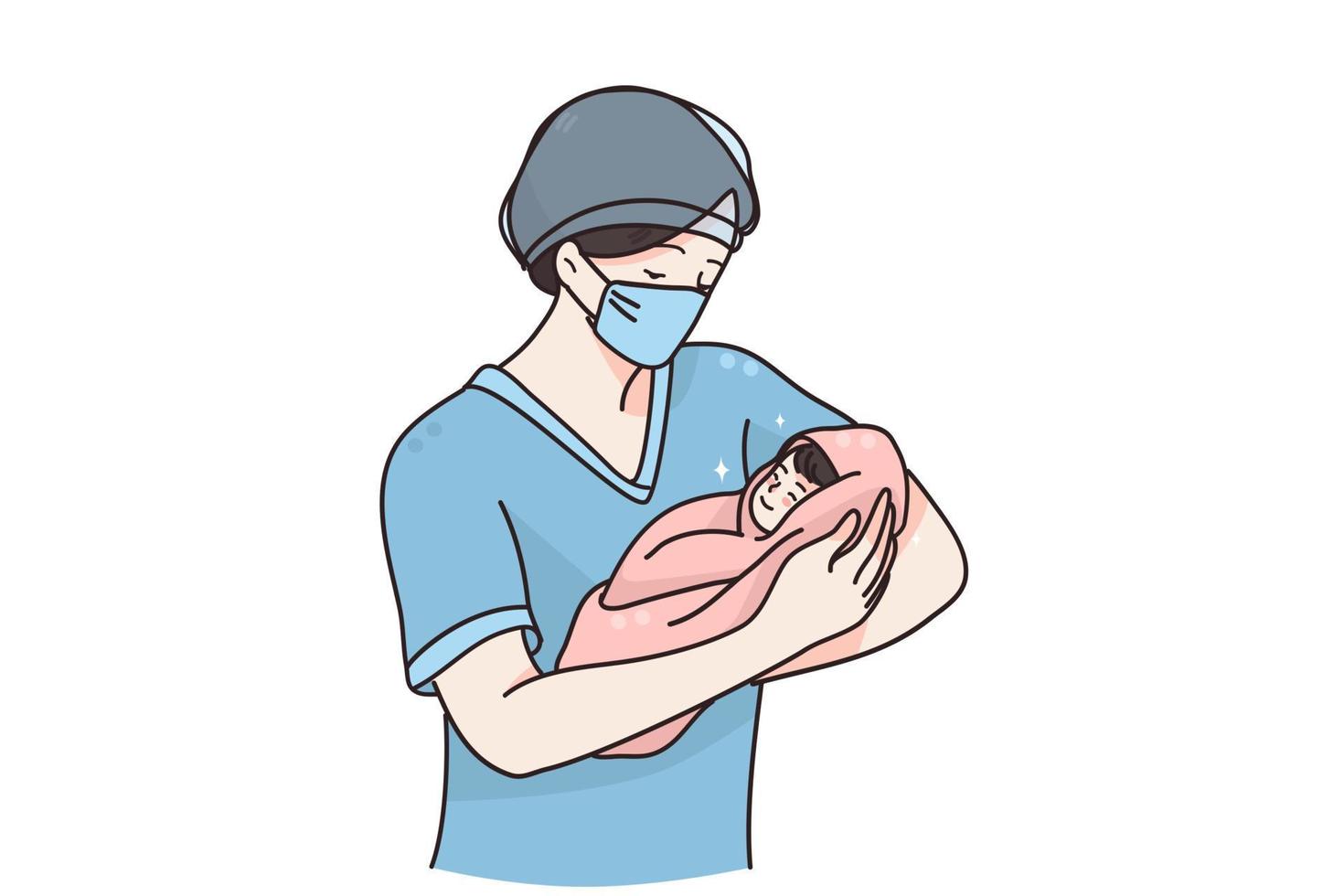 partera o médico con concepto de recién nacido. mujer enfermera doctora o partera con máscara médica de pie sosteniendo a un bebé recién nacido en las manos en la ilustración vectorial del hospital de maternidad vector