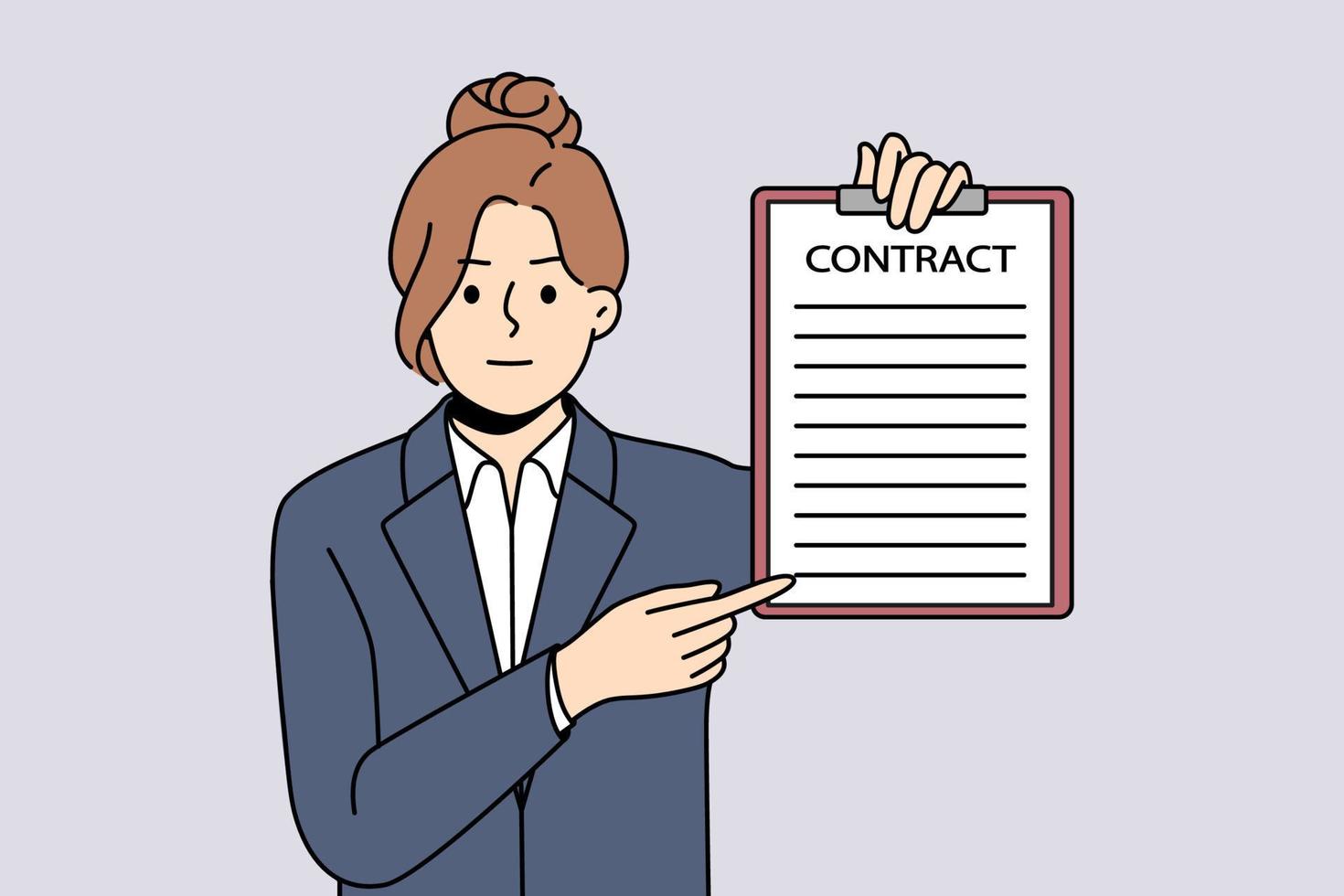 Serious young businesswoman in suit point at paper contract. Strict female boss or CEO demonstrate work agreement or paperwork. Vector illustration.