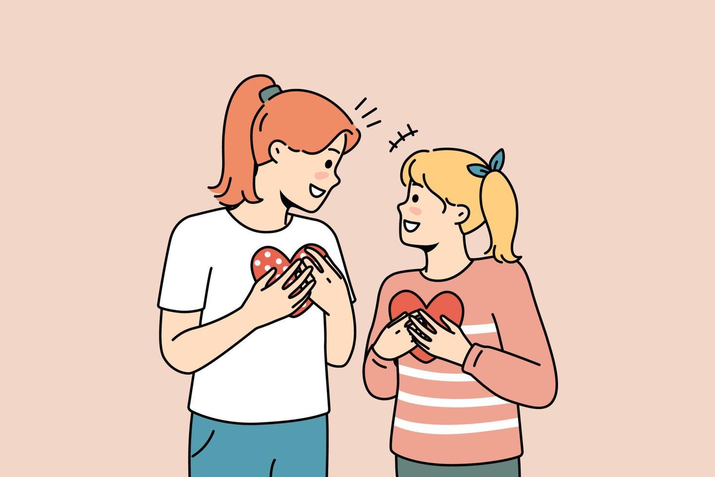 Happy girls kids holding paper heart in hands showing love and care. Smiling children with postcards demonstrate support and comfort feel grateful. Vector illustration.