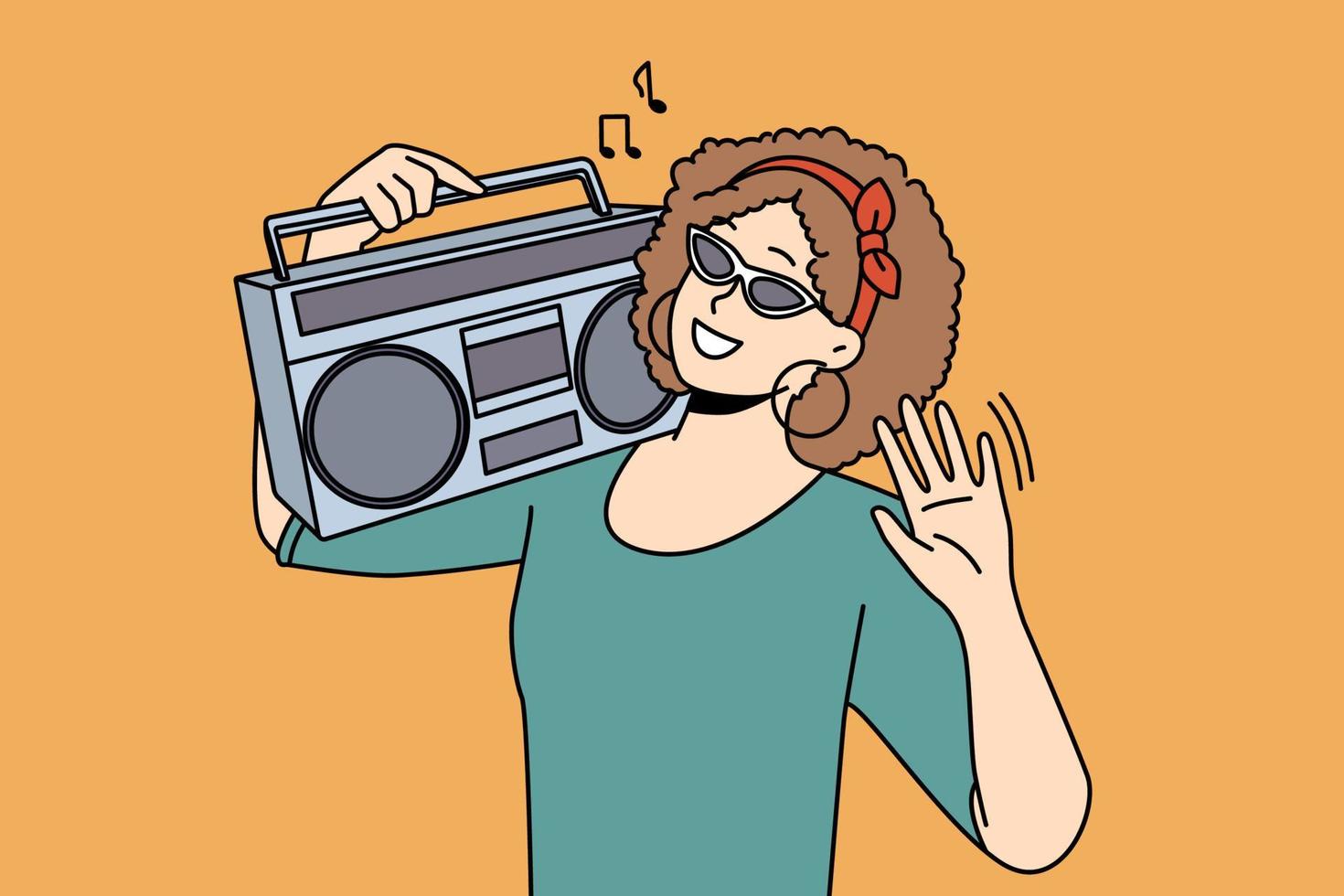 Smiling young woman in sunglasses with stereo on shoulder listen to music. Happy girl enjoy good sound on retro system. Vector illustration.