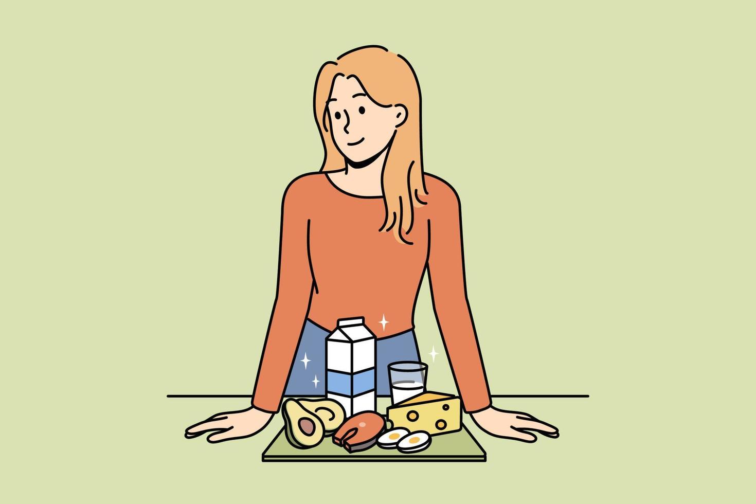 Smiling woman show organic products recommend healthy lifestyle. Happy female nutritionist or dietician with dairy and natural meal. Diet and healthcare. Vector illustration.