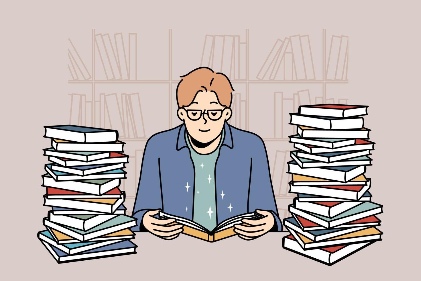 un joven inteligente con anteojos se sienta en la biblioteca con un montón de libros leyendo. un tipo inteligente disfruta de la literatura estudiando en el escritorio con montones de libros de texto. ilustración vectorial vector