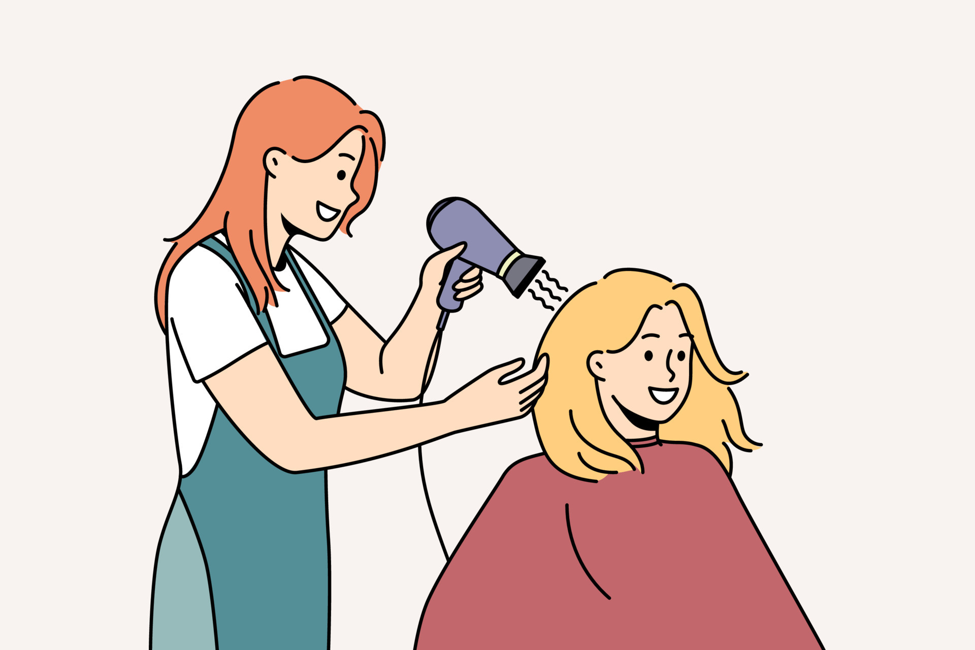  Smiling female client get hairstyle in saloon. Happy stylist dry hair ...
