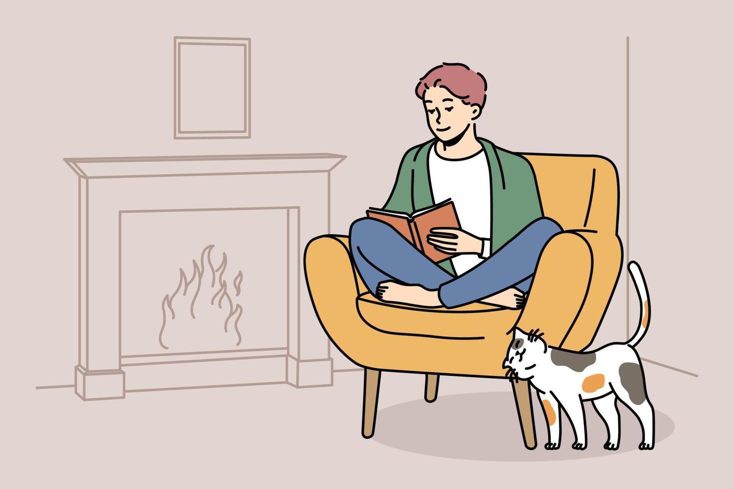 Happy young man sit in chair at home near fireplace reading book. Smiling guy relax in armchair enjoying literature. Hygge and domestic weekend. Vector illustration.