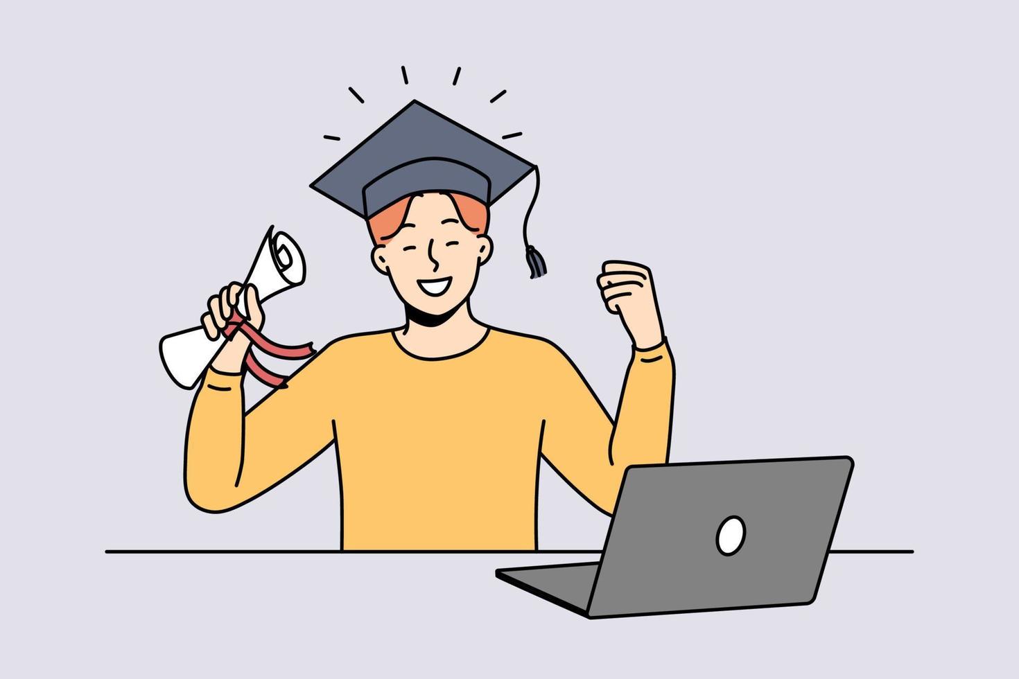 Overjoyed young man in hat hold diploma in hands celebrate graduation studying online. Smiling male graduate excited about university finish. Remote education. Vector illustration.