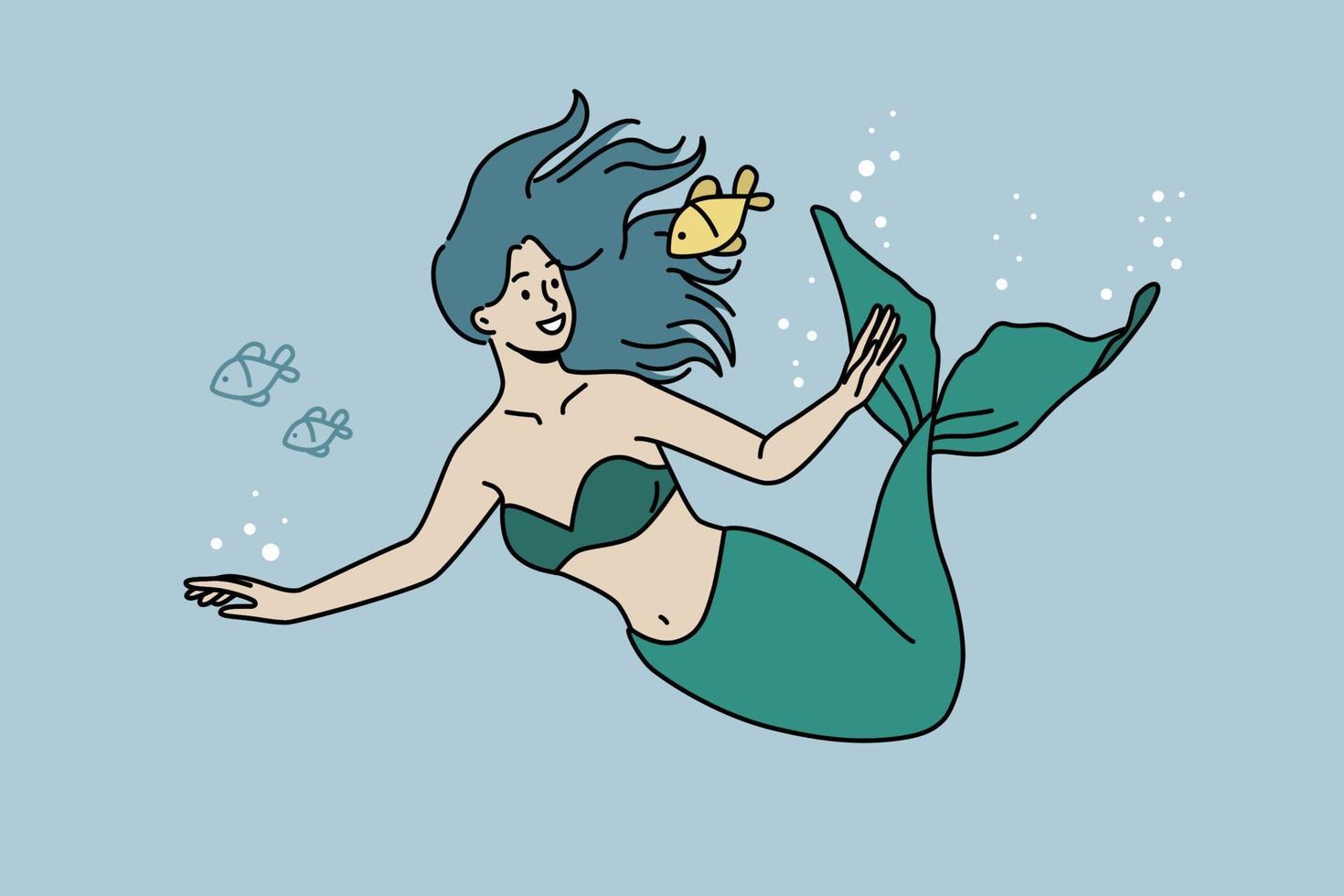 Young mermaid swimming underwater with gold fish. Smiling water nymph in sea or ocean. Marine life. Vector illustration.