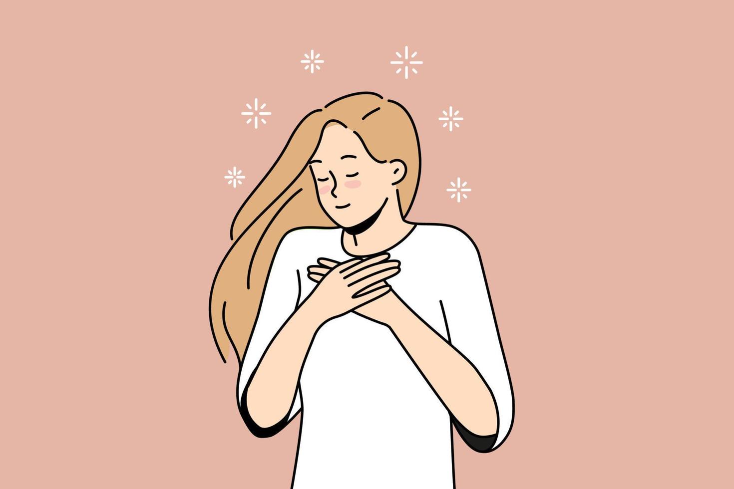 Happy young woman hold hands at chest feel grateful and thankful. Smiling millennial girl show love and gratitude. Vector illustration.