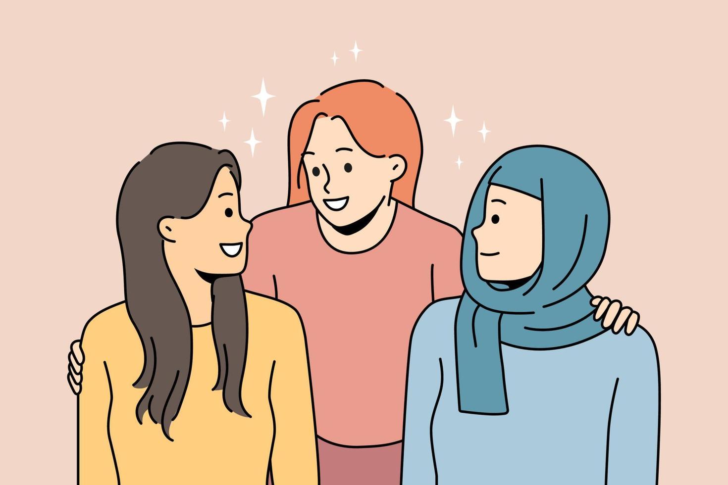 Smiling diverse multiethnic women hugging and talking. Concept of interracial multinational friendship. Vector illustration.