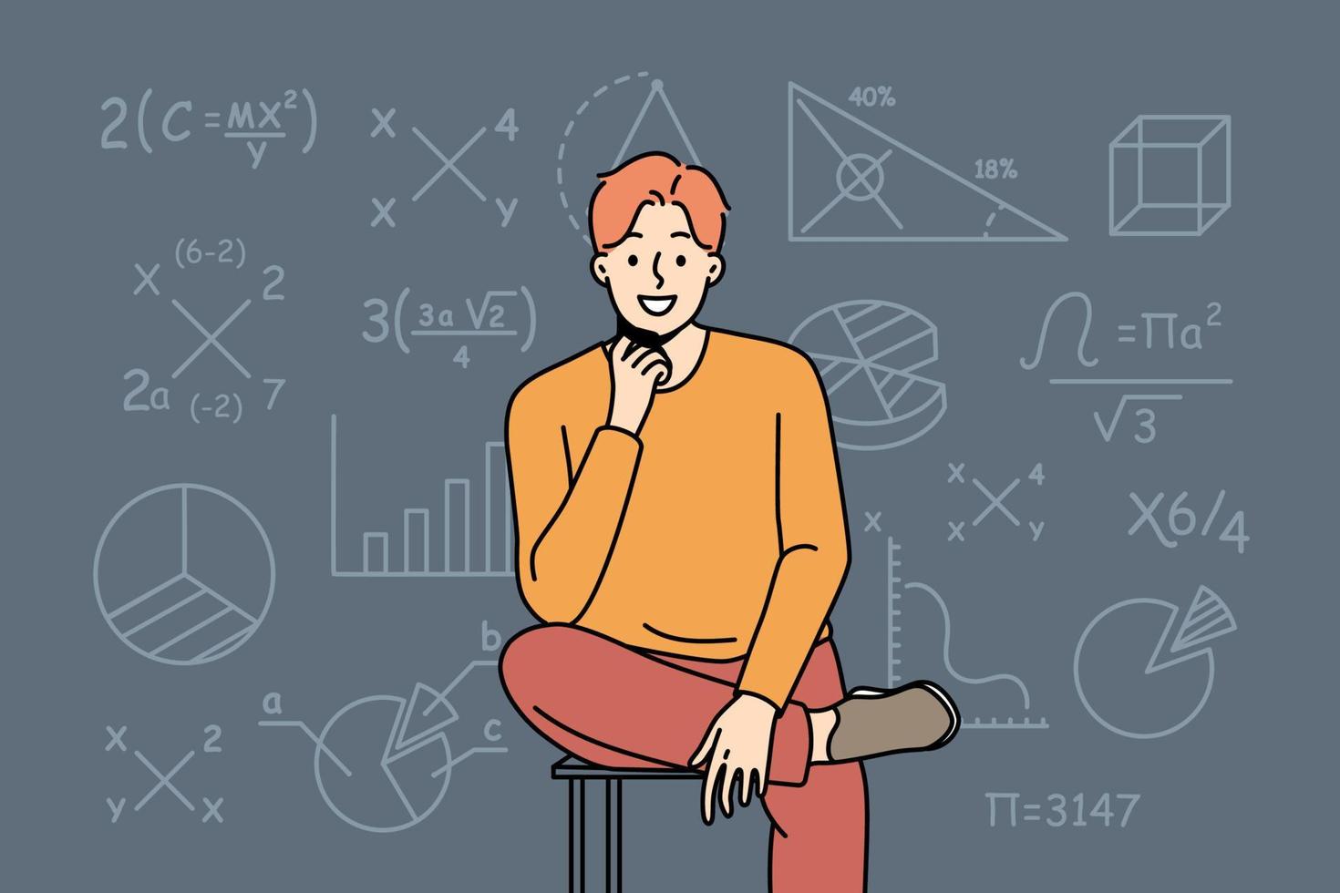 Smiling smart young man sit on chair on mathematics formula background. Successful clever male teacher or tutor near board in class. Vector illustration.