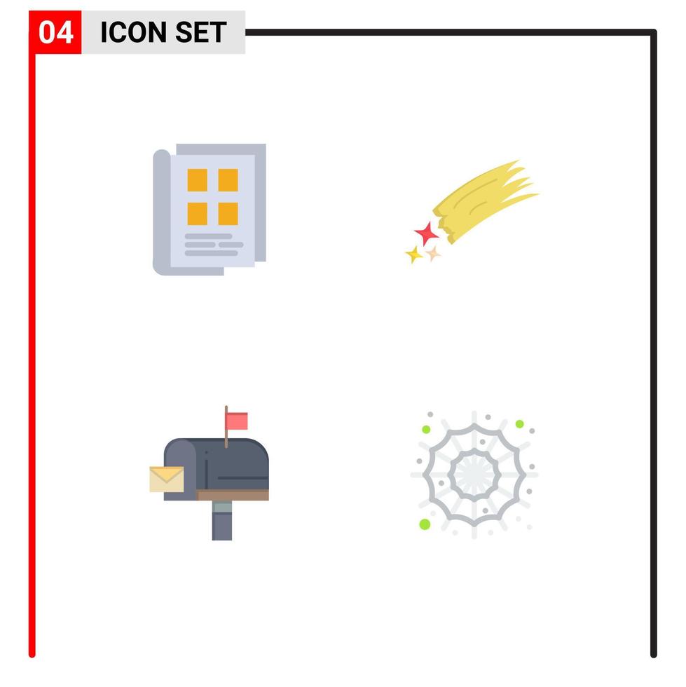 paquete de 4 signos y símbolos de iconos planos modernos para medios de impresión web, como elementos de diseño de vectores editables de caja de astronomía de cuaderno de cometa de libro