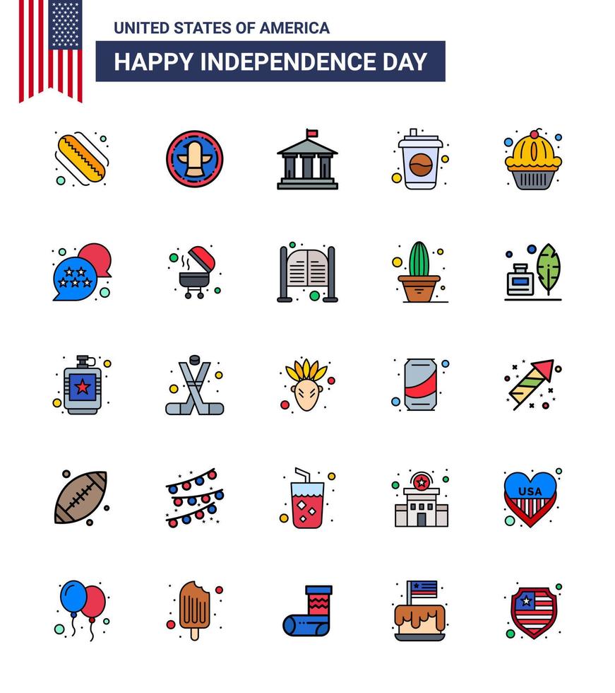 paquete de 25 celebración del día de la independencia de estados unidos signos de líneas llenas planas y símbolos del 4 de julio, como los estados de la bandera americana soda cola elementos de diseño vectorial editables del día de estados unidos vector