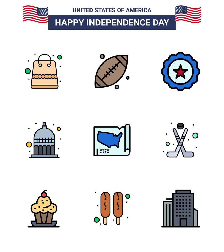 Flat Filled Line Pack of 9 USA Independence Day Symbols of states usa glass statehouse indiana Editable USA Day Vector Design Elements