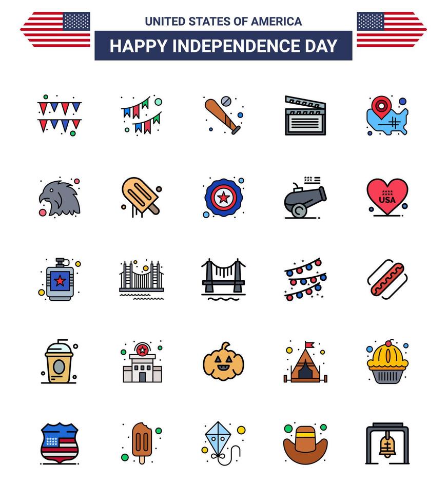 feliz día de la independencia usa paquete de 25 líneas planas llenas creativas de mapa video ball movis usa elementos de diseño vectorial editables del día de usa vector