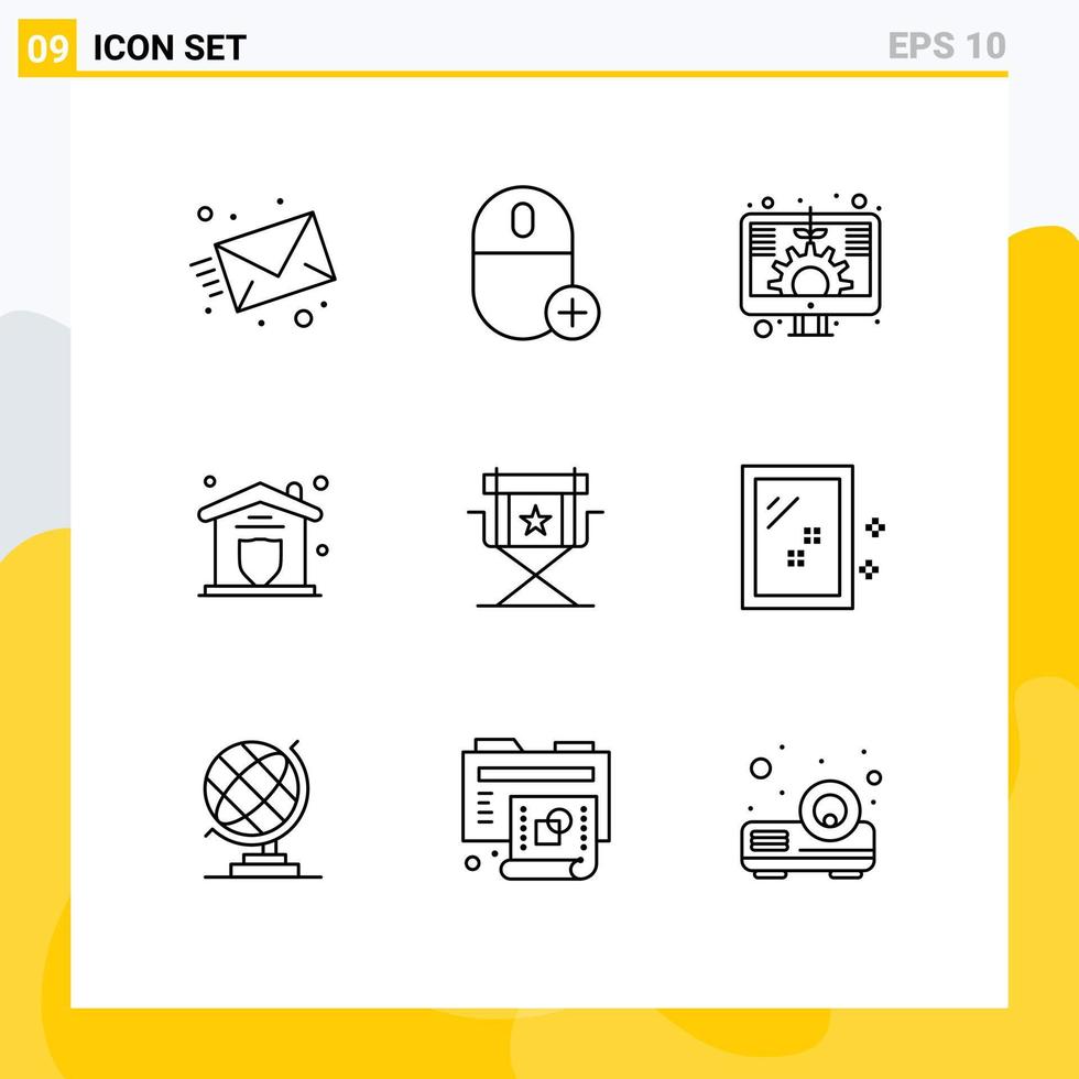 Pictogram Set of 9 Simple Outlines of chair security hardware protection screen Editable Vector Design Elements