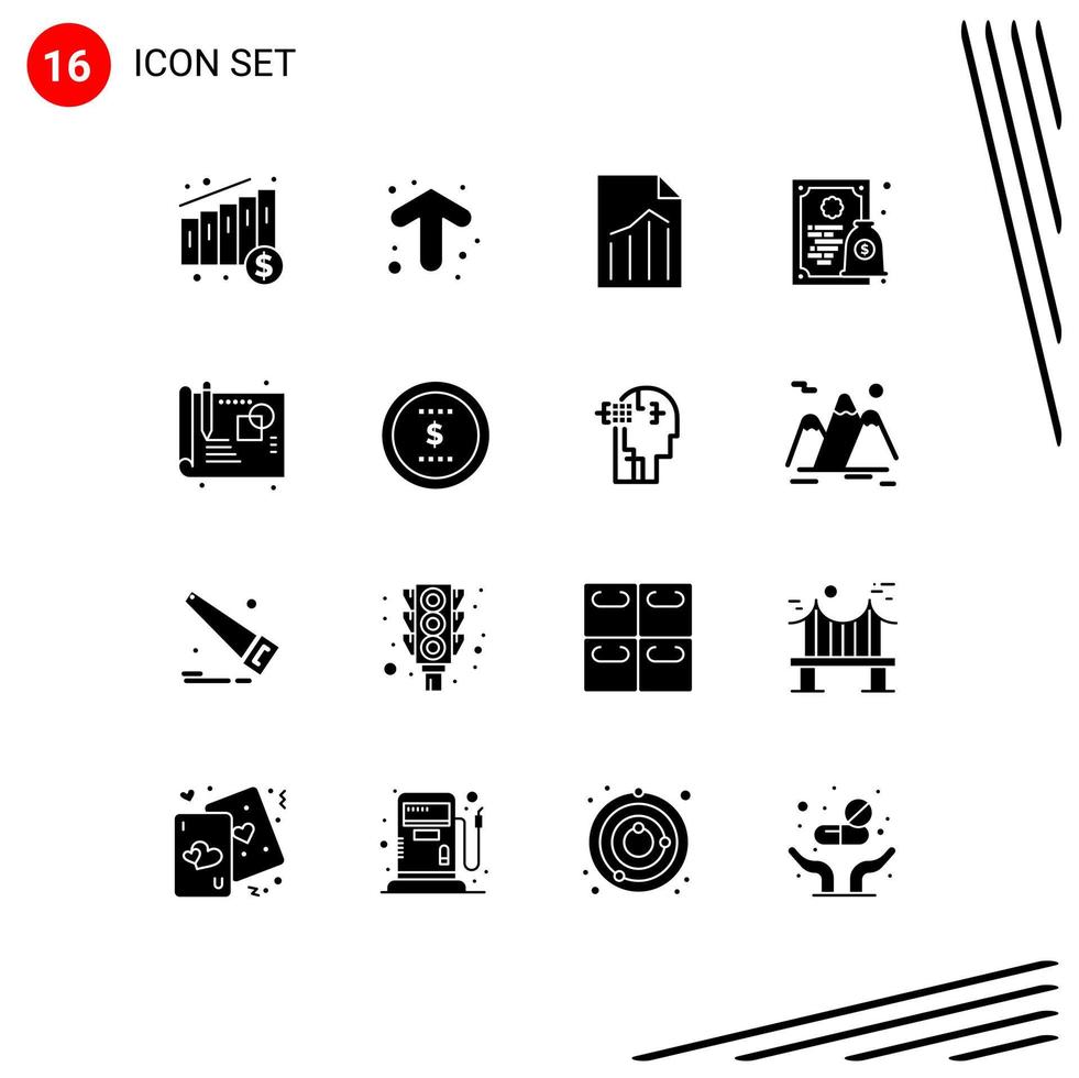 Group of 16 Solid Glyphs Signs and Symbols for process money file license certificate Editable Vector Design Elements