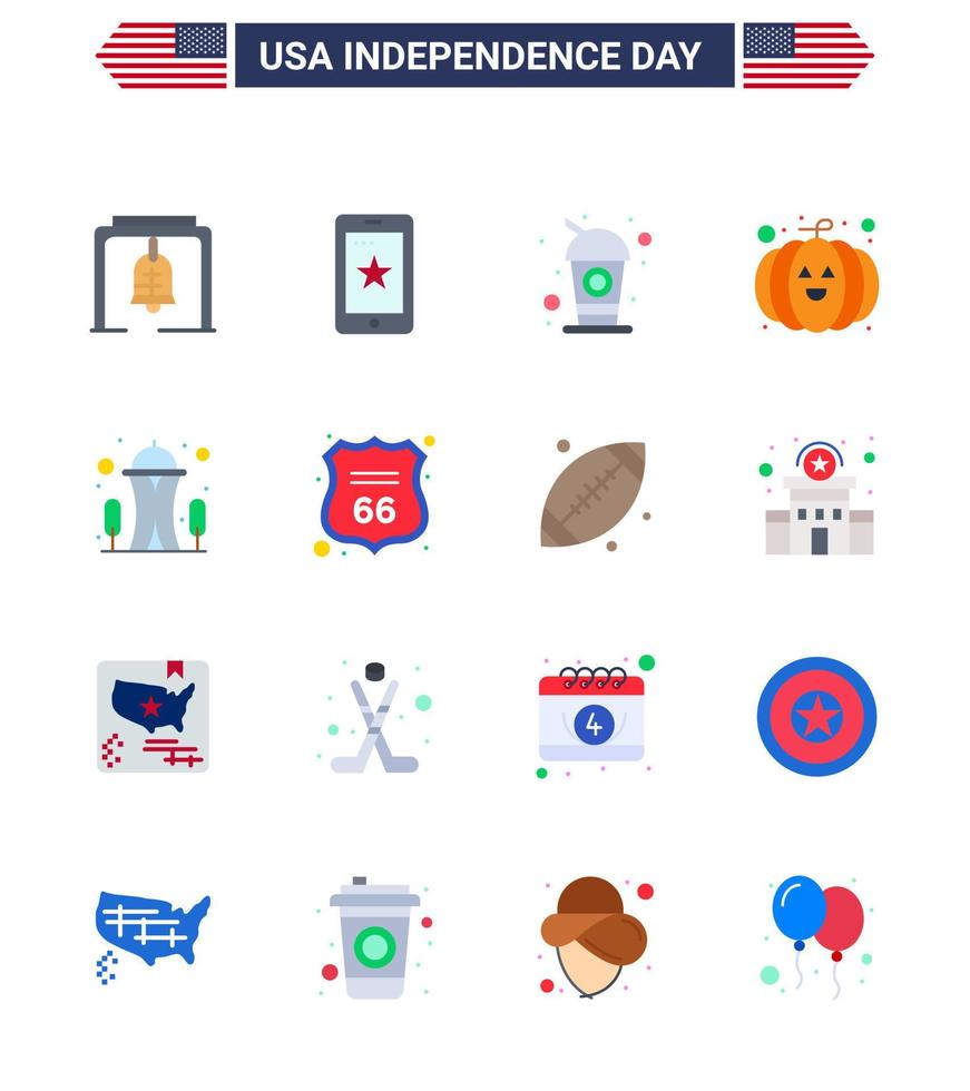 conjunto de 16 iconos del día de ee.uu. símbolos americanos signos del día de la independencia para la construcción de agujas festival de botellas comida elementos de diseño vectorial del día de ee.uu. editables vector