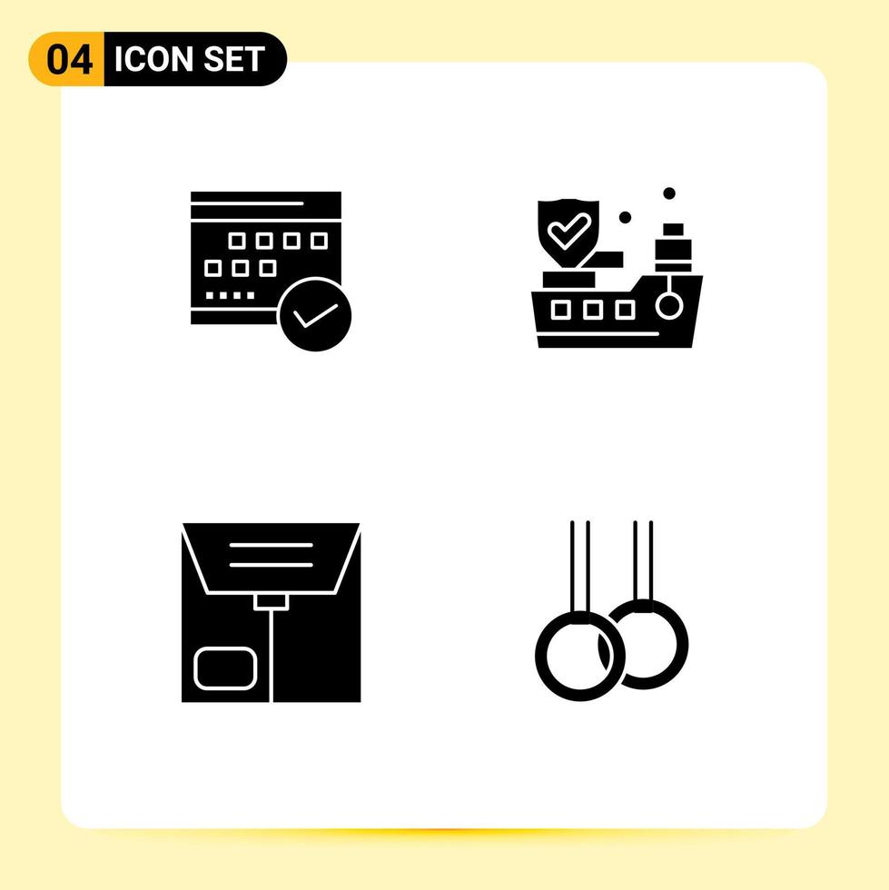 paquete de 4 glifos sólidos creativos de planificación de calendario de protección de programación y elementos de diseño de vectores editables