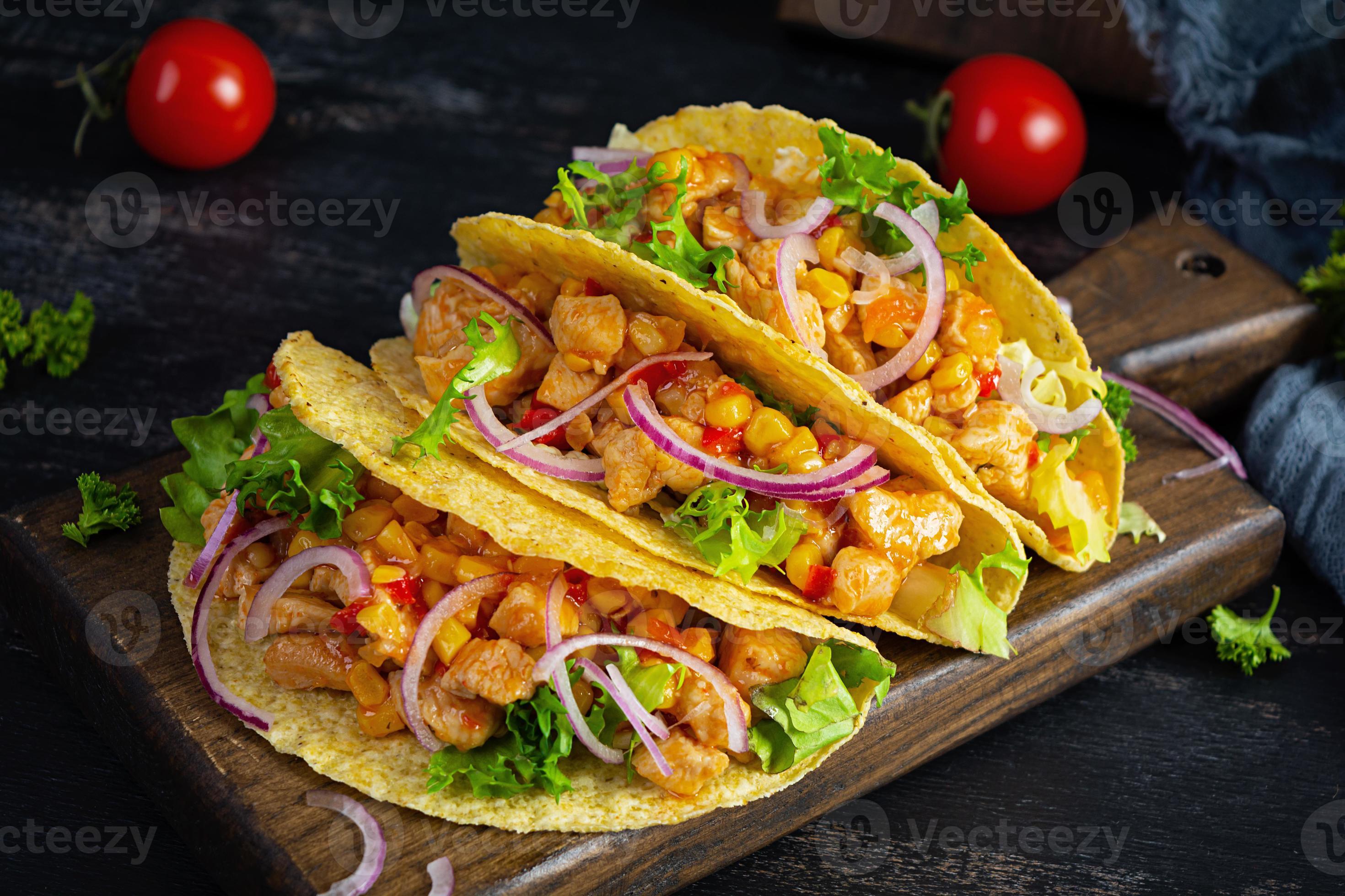 Mexican tacos with corn tortilla. Tortilla with chicken meat, corn